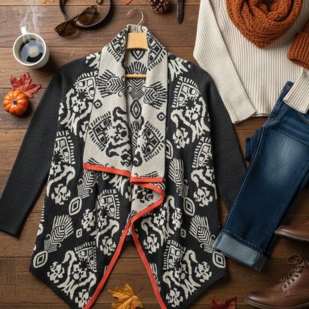 THML Geometric Knit Open Front Cardigan - XS